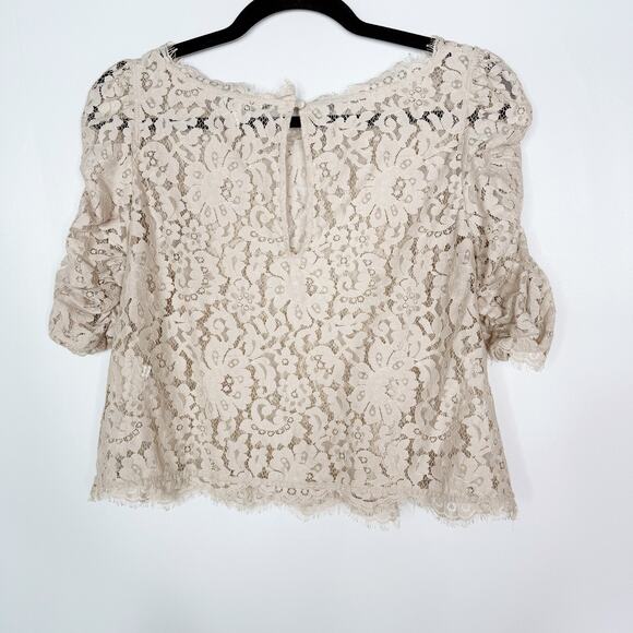Joie XSmall XS Cream Mushroom Fanny Sheer Lace Top Ruched Sleeves Keyhole Back - Picture 2 of 9